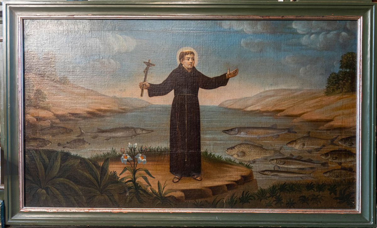Antependium ołtarza św.  Antoniego Padewskiego, Antoni w Kazaniu do ryb, olej na płótnie, barokowy, XVIII/XIX w.