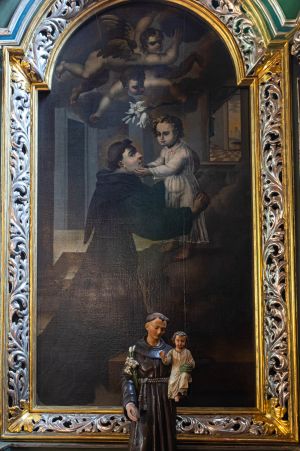 Obraz św. Antoni Padewski adorujący Dzieciątko, olej na płótnie, barokowy, XVII/XVIII w.