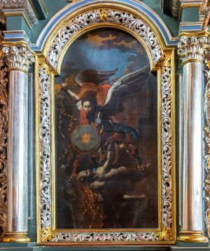 Obraz św. Michał pokonujący szatana, olej na płótnie, barokowy, 2 ćw. XVIII w.