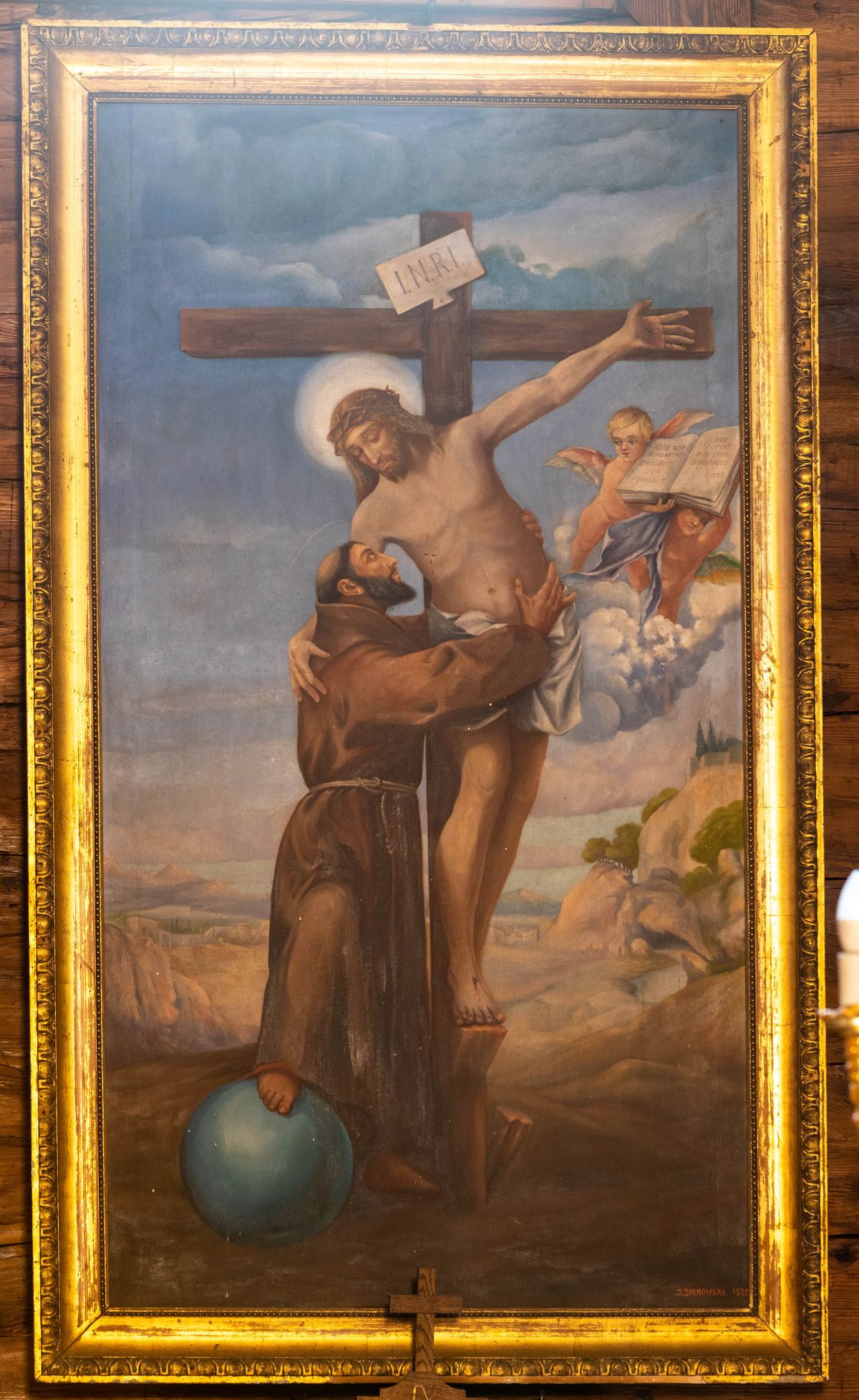 Obraz Wizja św. Franciszka, płótno, olej, rama drewniana, sztuka współczesna, 1 poł. XX w.